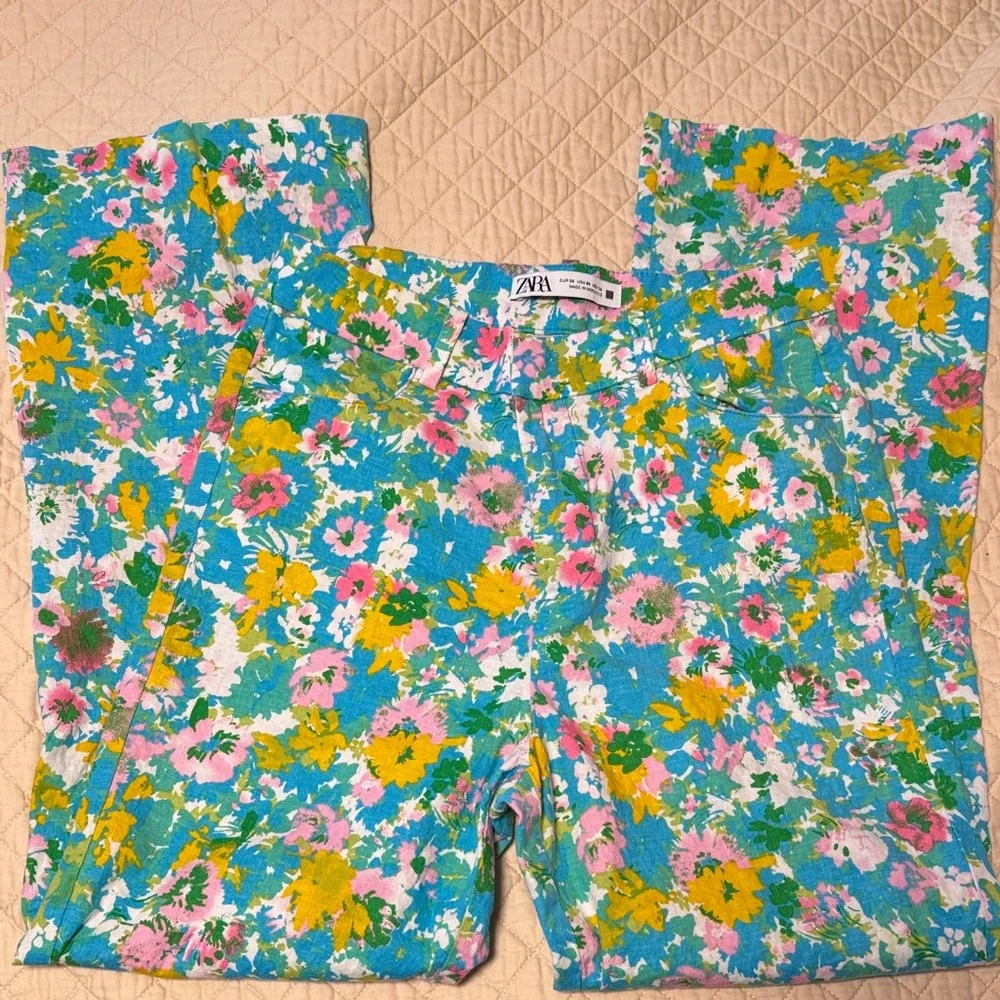 Zara Floral Straight Leg Pants - Blue, Yellow, Pink - Picture 4 of 8
